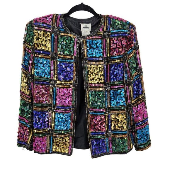 Vintage Jackets & Blazers - Vtg 80's Leslie Fay Formal Silk Rainbow Geometric Stained Glass Sequin Blazer Sz